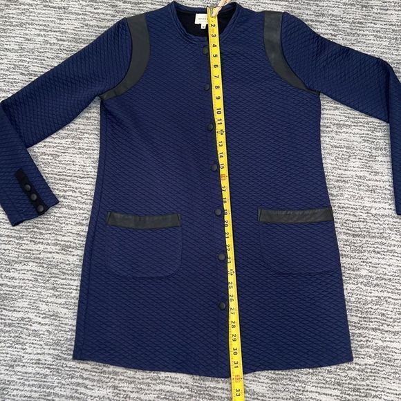 Sezane Quilted Long Line Jacket Navy with Black Leather Trim Size Medium - Picture 10 of 15
